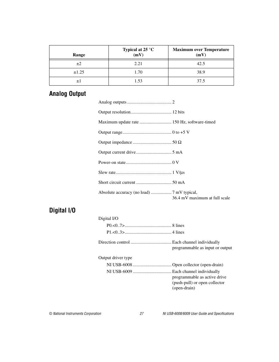 Analog output, Digital i/o | National Instruments NI USB-6009 User Manual | Page 27 / 32