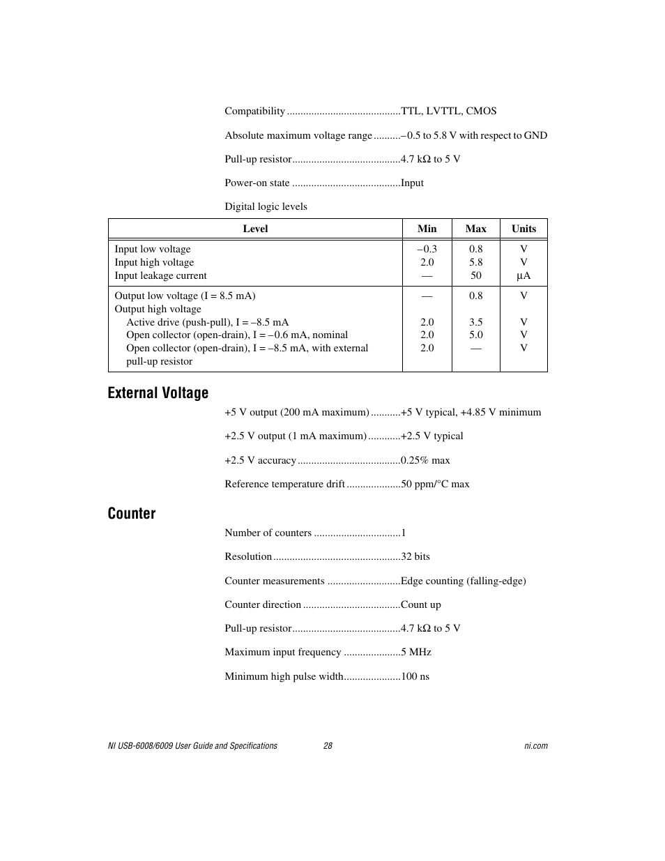 External voltage, Counter | National Instruments NI USB-6009 User Manual | Page 28 / 32