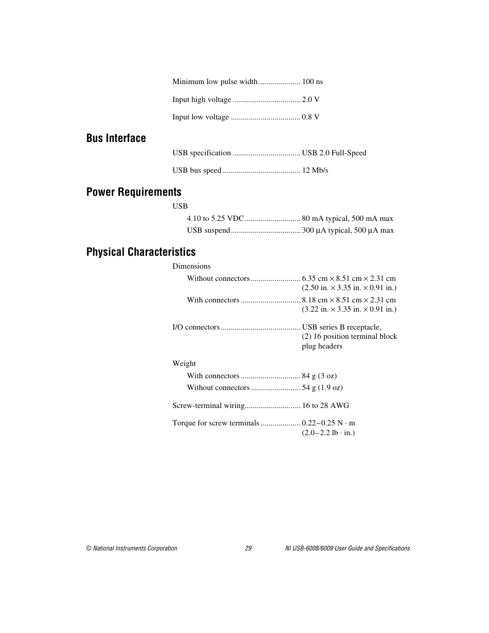 Bus interface, Power requirements, Physical characteristics | National Instruments NI USB-6009 User Manual | Page 29 / 32