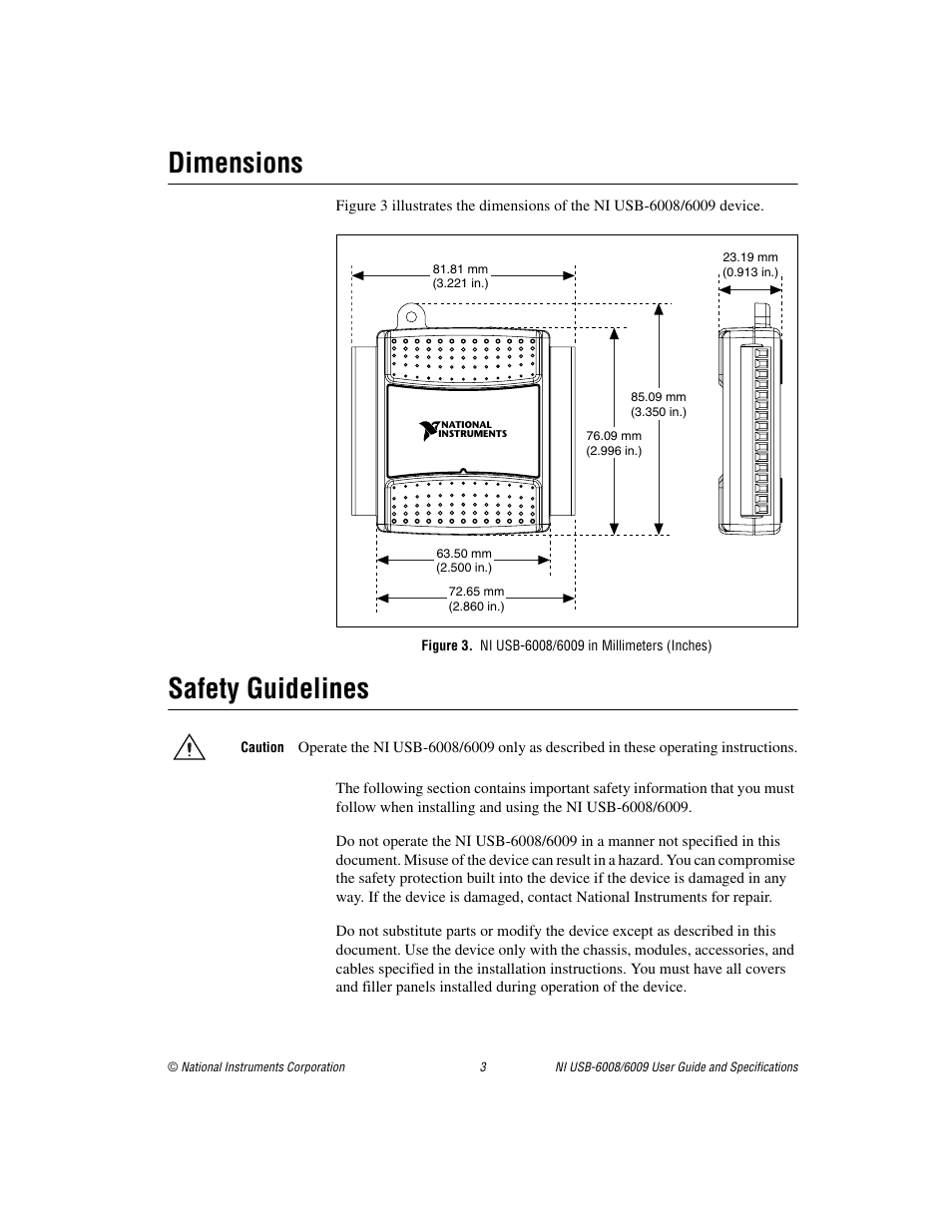 Dimensions, Figure 3. ni usb-6008/6009 in millimeters (inches), Safety guidelines | National Instruments NI USB-6009 User Manual | Page 3 / 32