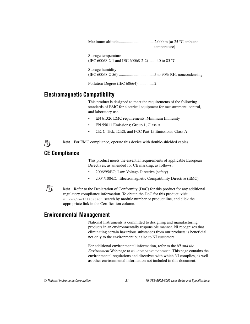 Electromagnetic compatibility, Ce compliance, Environmental management | National Instruments NI USB-6009 User Manual | Page 31 / 32