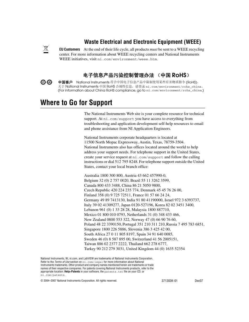 Where to go for support, Rohs, Waste electrical and electronic equipment (weee) | ᄤֵᙃѻક∵ᶧ᥻ࠊㅵ⧚ࡲ⊩ ˄ё | National Instruments NI USB-6009 User Manual | Page 32 / 32