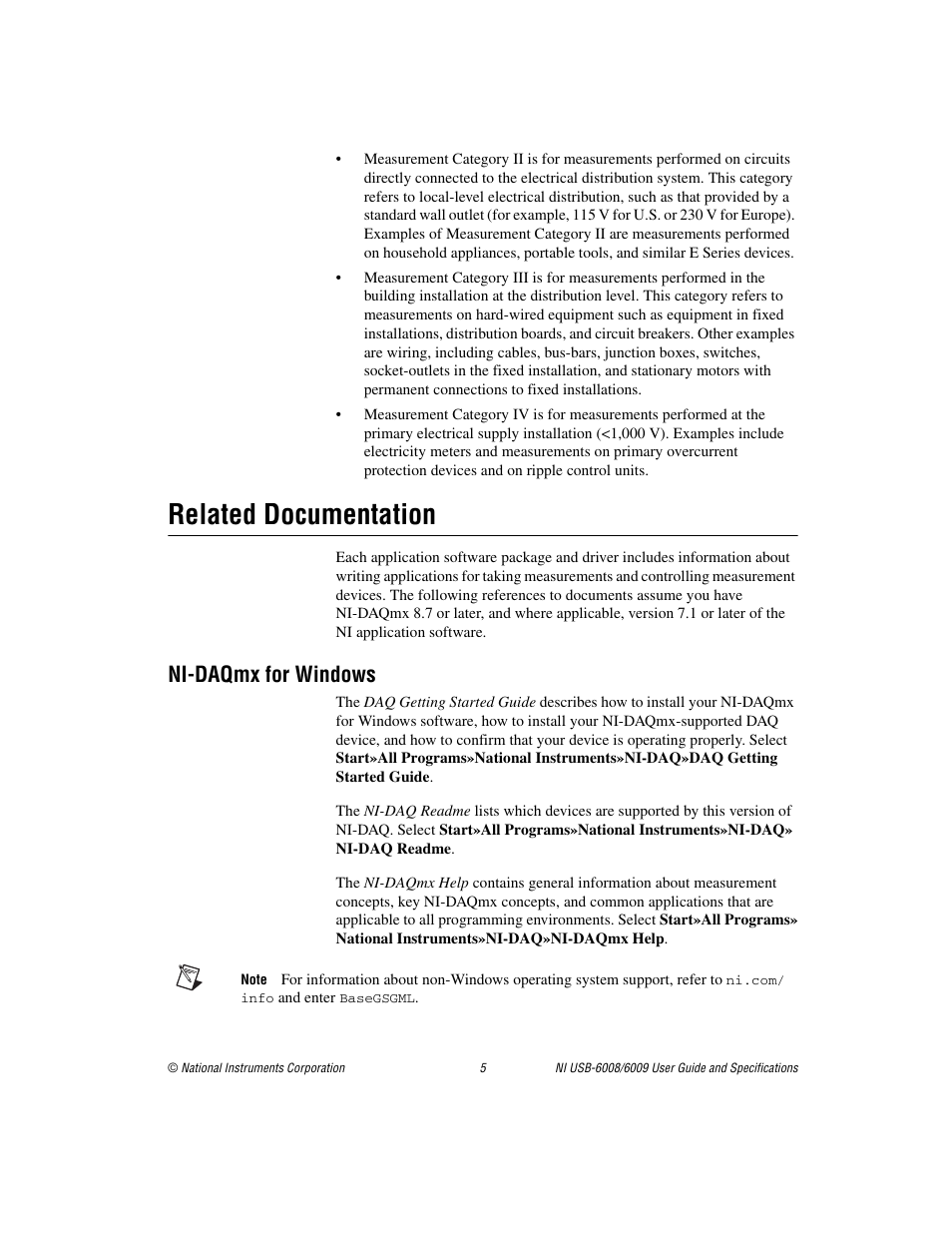 Related documentation, Ni-daqmx for windows | National Instruments NI USB-6009 User Manual | Page 5 / 32