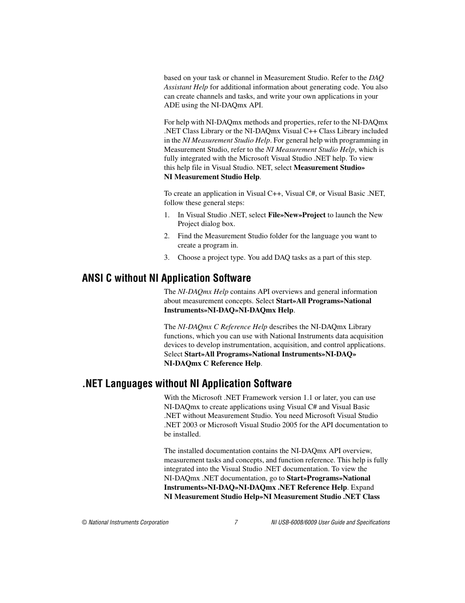 Ansi c without ni application software, Net languages without ni application software | National Instruments NI USB-6009 User Manual | Page 7 / 32