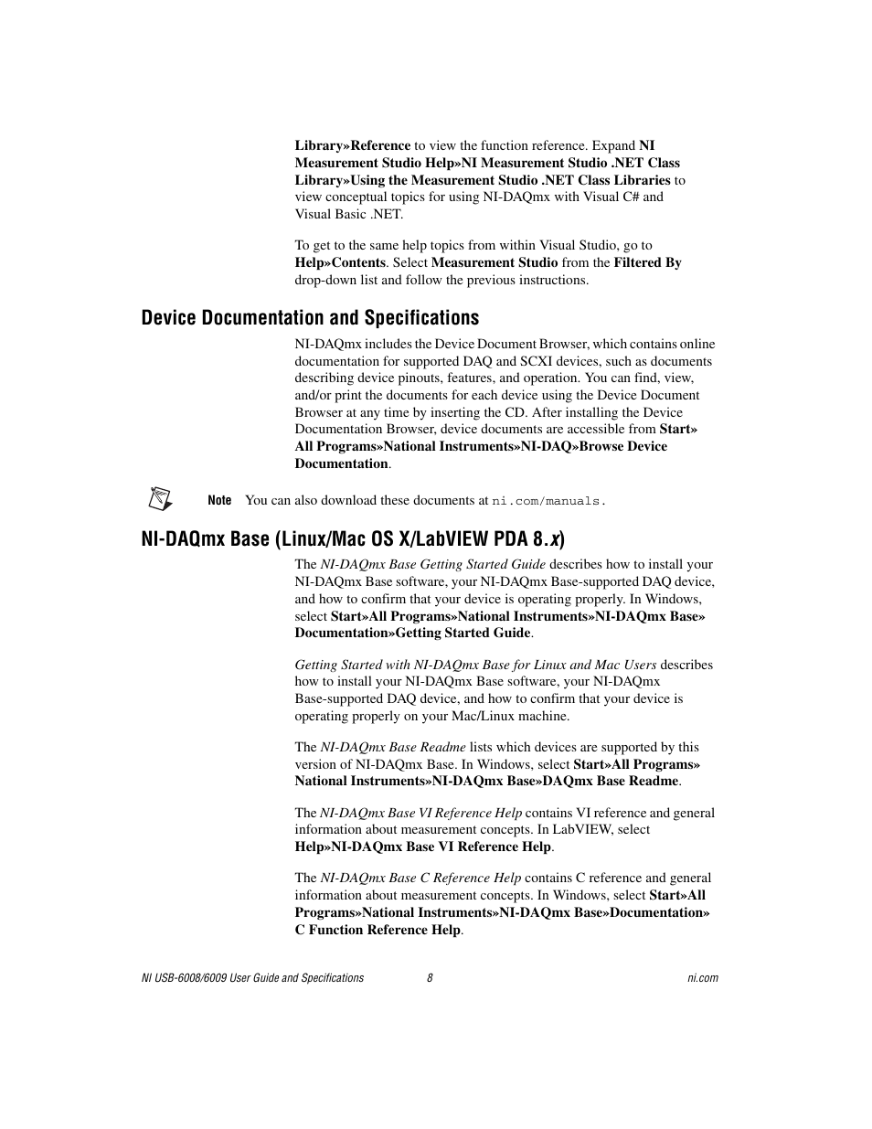 Device documentation and specifications, Ni-daqmx base (linux/mac os x/labview pda 8. x ) | National Instruments NI USB-6009 User Manual | Page 8 / 32