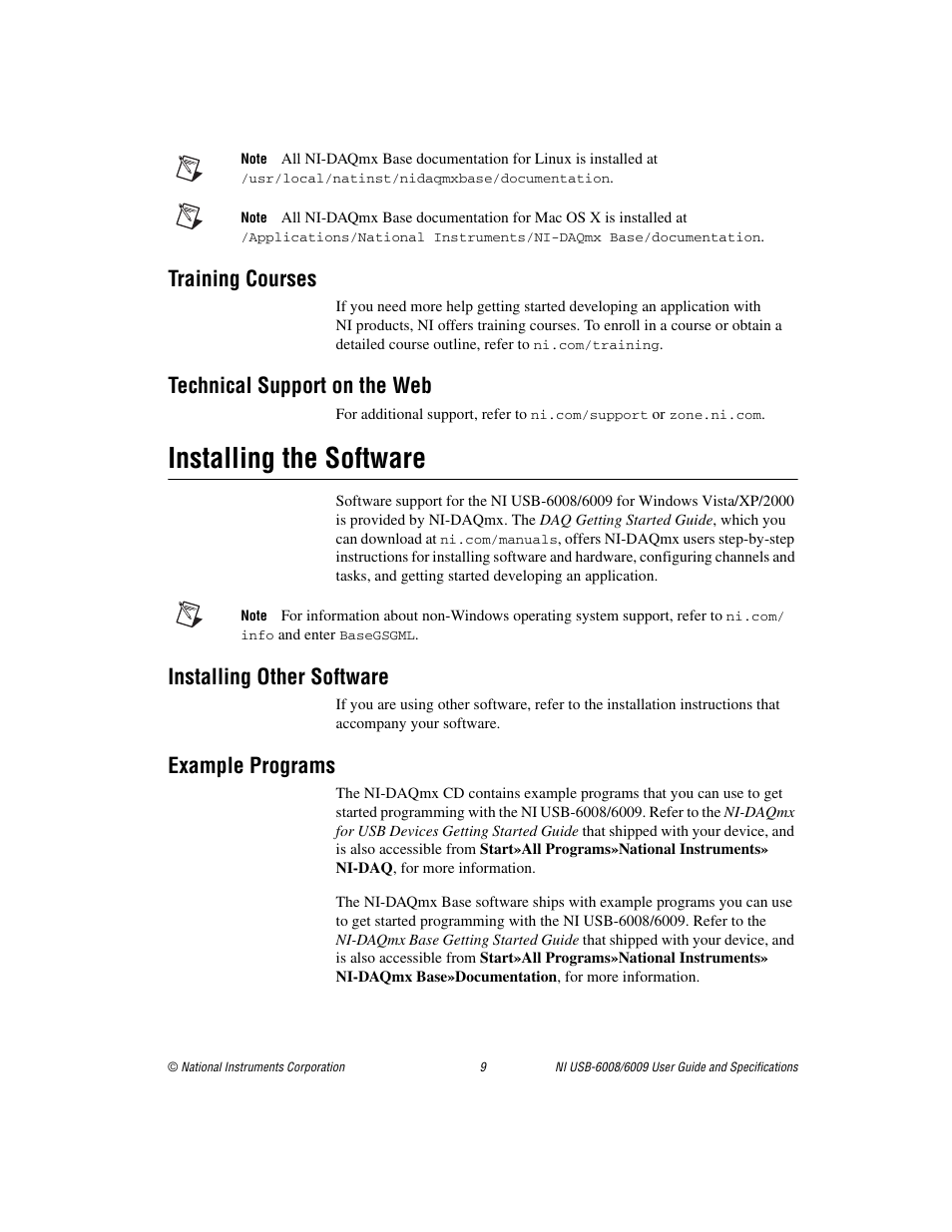 Training courses, Technical support on the web, Installing the software | Installing other software, Example programs | National Instruments NI USB-6009 User Manual | Page 9 / 32