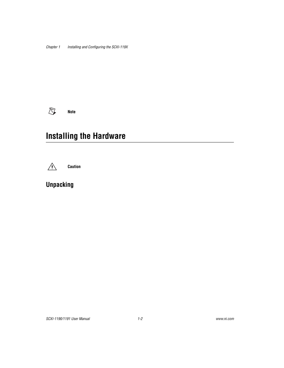 Installing the hardware, Unpacking, Installing the hardware -2 | Unpacking -2 | National Instruments SCXI-1190/1191 User Manual | Page 10 / 45