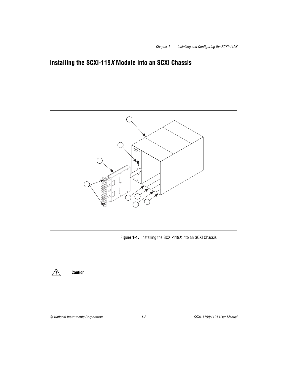 Figure 1-1, Installing the scxi-119 x into an scxi chassis -3 | National Instruments SCXI-1190/1191 User Manual | Page 11 / 45