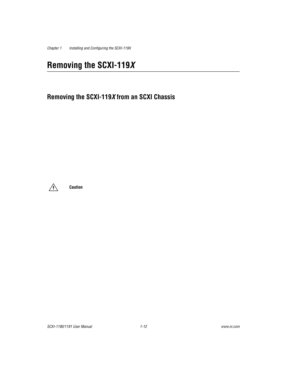 Removing the scxi-119x, Removing the scxi119x from an scxi chassis, Removing the scxi-119 x -12 | Removing the scxi-119 x from an scxi chassis -12, Removing the scxi-119x from an scxi chassis, Removing the scxi-119x from an scxi, Chassis, Removing the scxi-119 x, Removing the scxi-119 x from an scxi chassis | National Instruments SCXI-1190/1191 User Manual | Page 20 / 45
