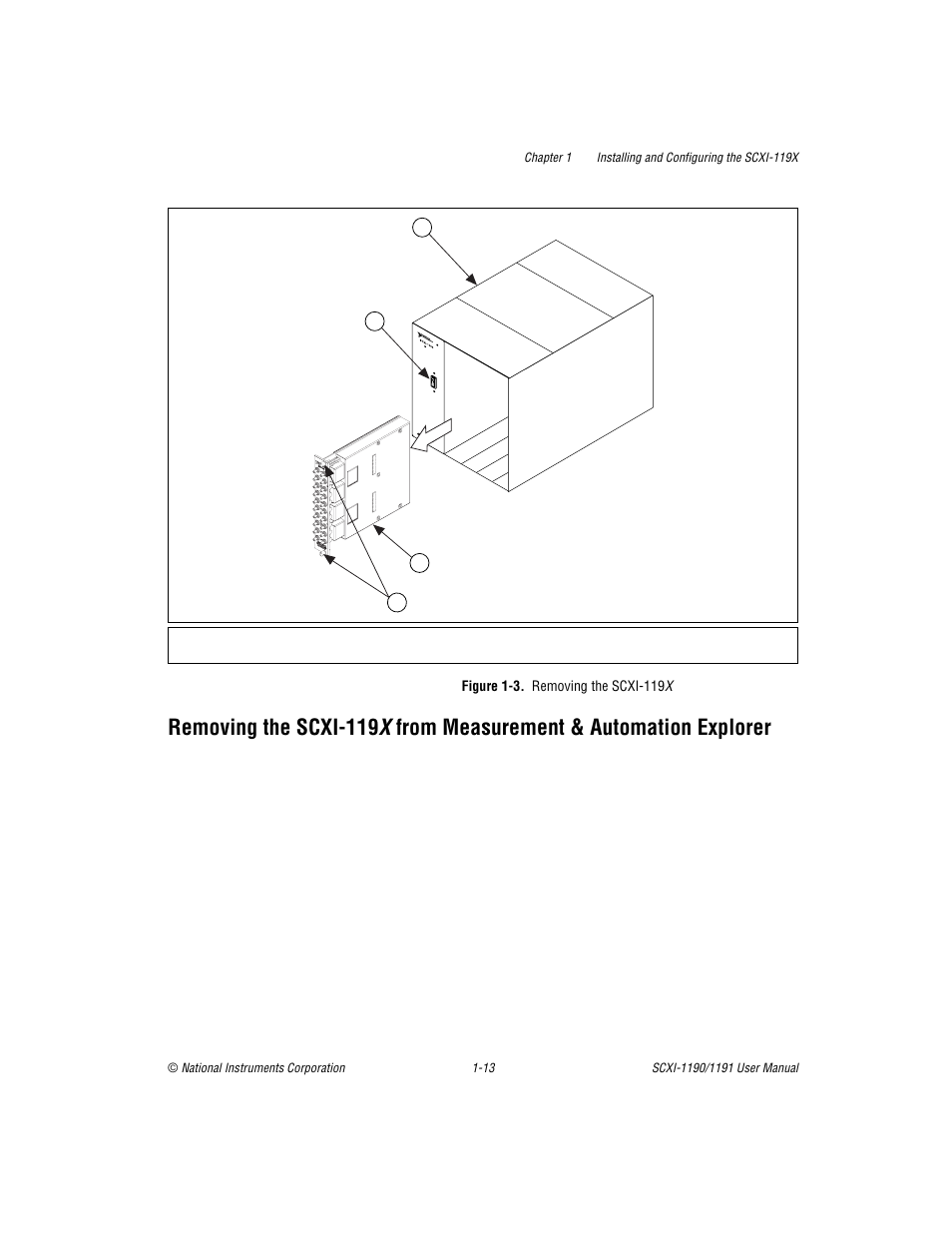 Figure 1-3. removing the scxi 119x, Figure 1-3, Removing the scxi-119 x -13 | National Instruments SCXI-1190/1191 User Manual | Page 21 / 45