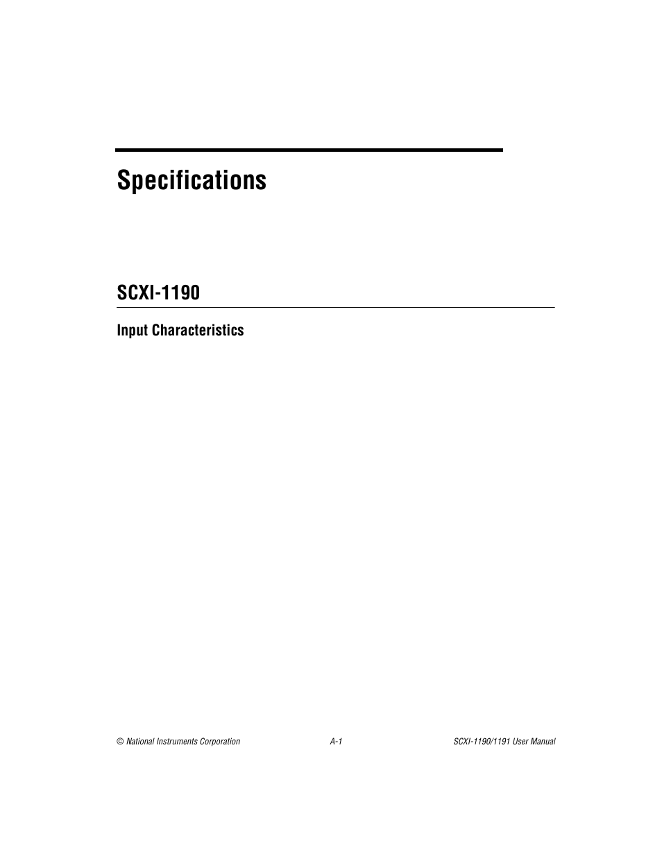 Appendix a specifications, Scxi-1190, Specifications | National Instruments SCXI-1190/1191 User Manual | Page 29 / 45