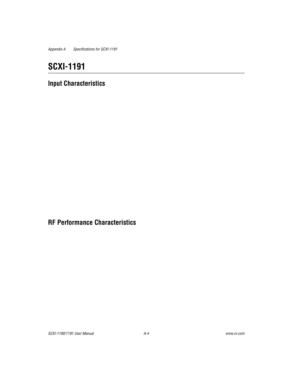 Scxi-1191, Input characteristics, Rf performance characteristics | National Instruments SCXI-1190/1191 User Manual | Page 32 / 45