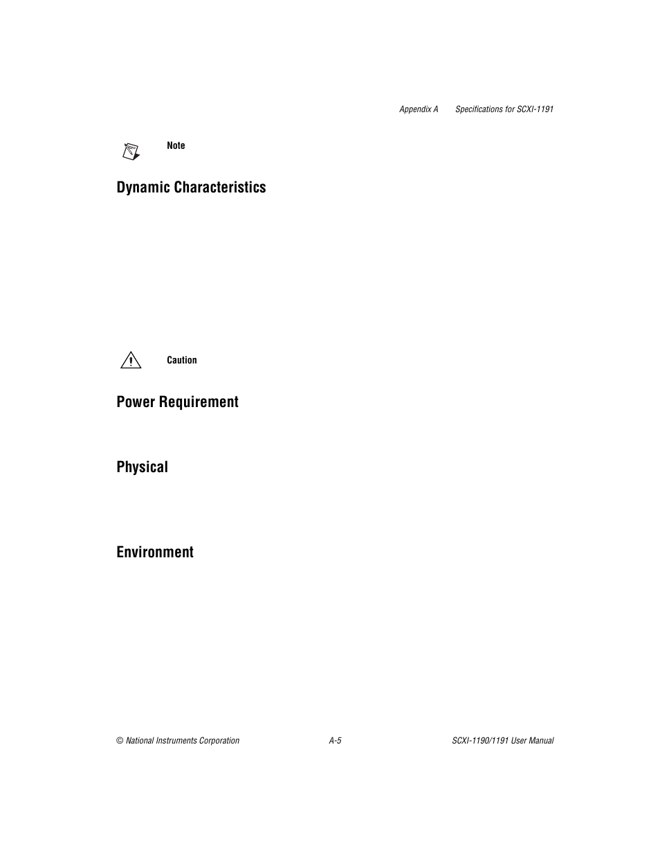 Dynamic characteristics, Power requirement, Physical | Environment | National Instruments SCXI-1190/1191 User Manual | Page 33 / 45