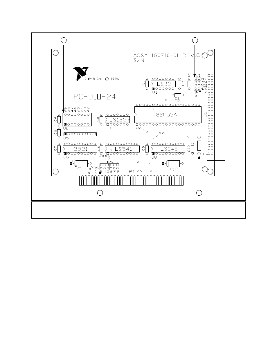 Base i/o address settings, Figure 2-1. pc-dio-24 parts locator diagram, Figure 2-1 | Pc-dio-24 parts locator diagram | National Instruments PC-DIO-24 User Manual | Page 19 / 75