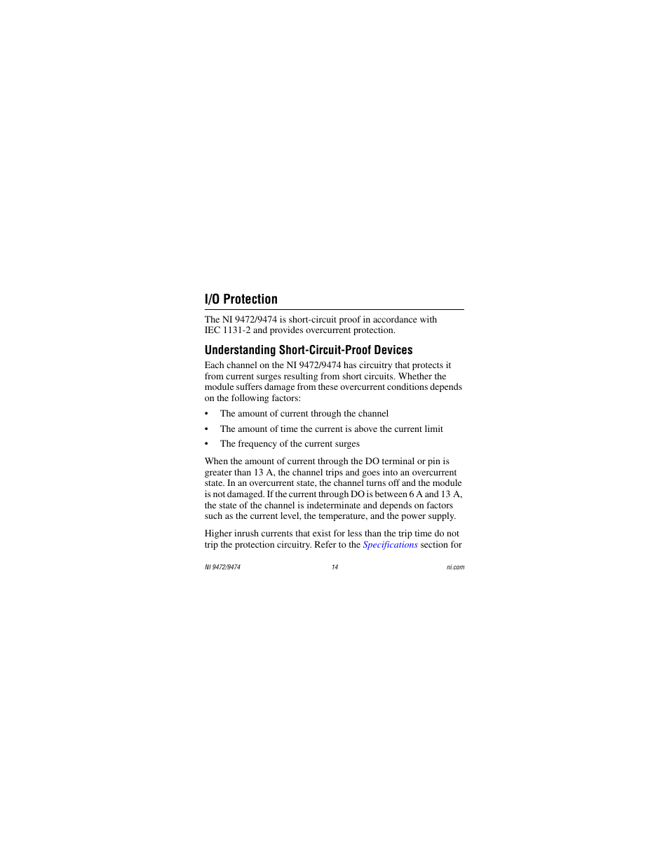 I/o protection, Understanding short-circuit-proof devices | National Instruments NI 9472 User Manual | Page 14 / 31