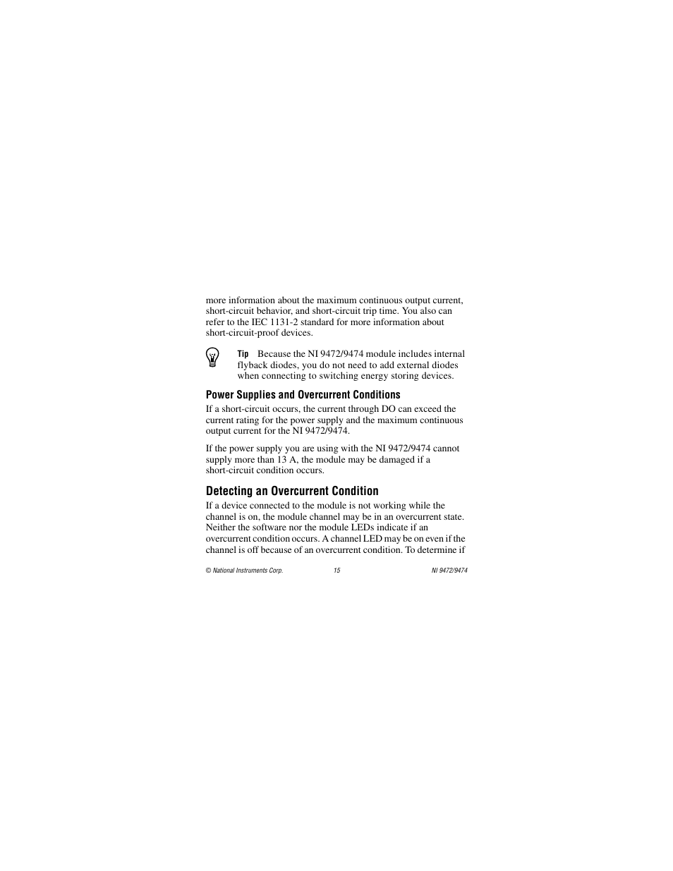 Power supplies and overcurrent conditions, Detecting an overcurrent condition | National Instruments NI 9472 User Manual | Page 15 / 31