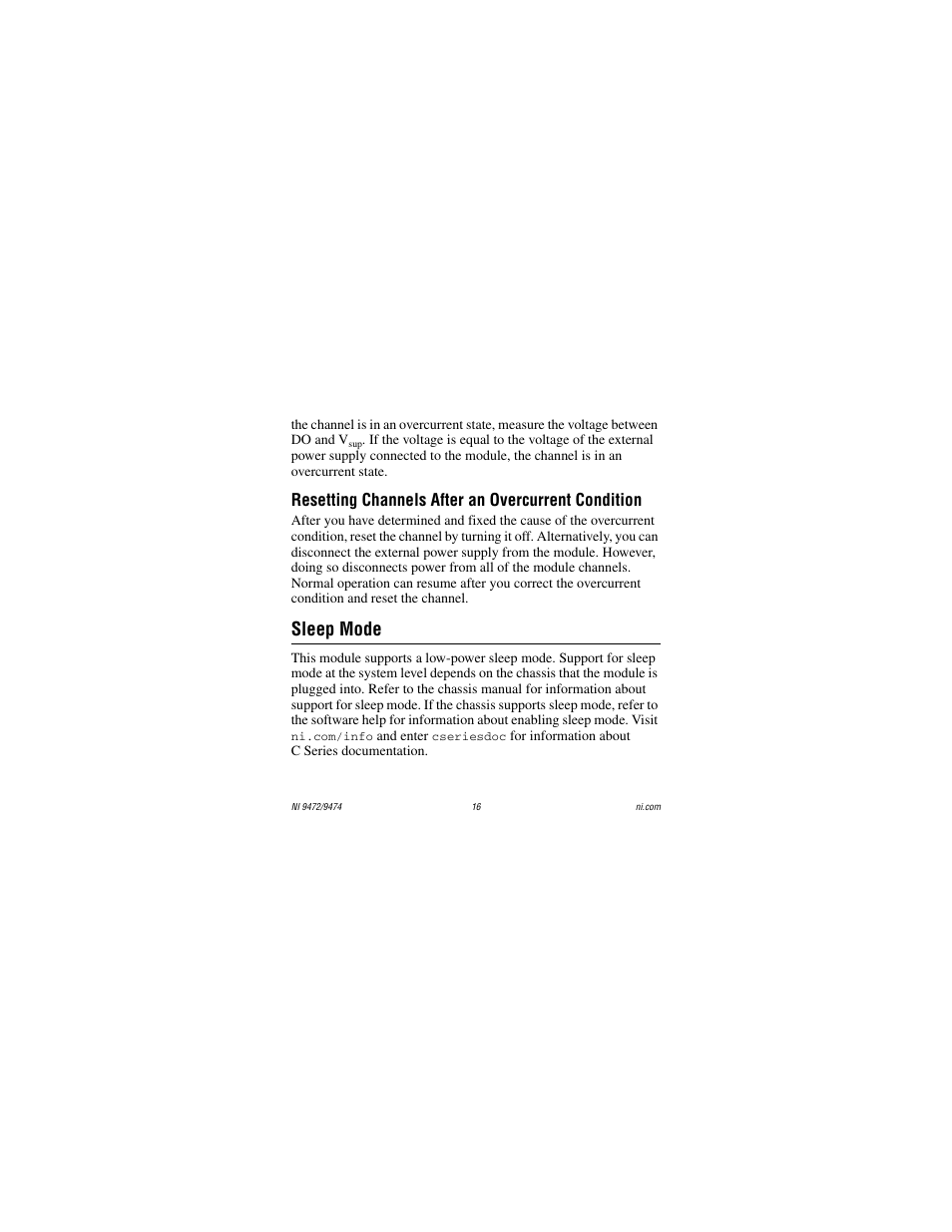 Resetting channels after an overcurrent condition, Sleep mode | National Instruments NI 9472 User Manual | Page 16 / 31