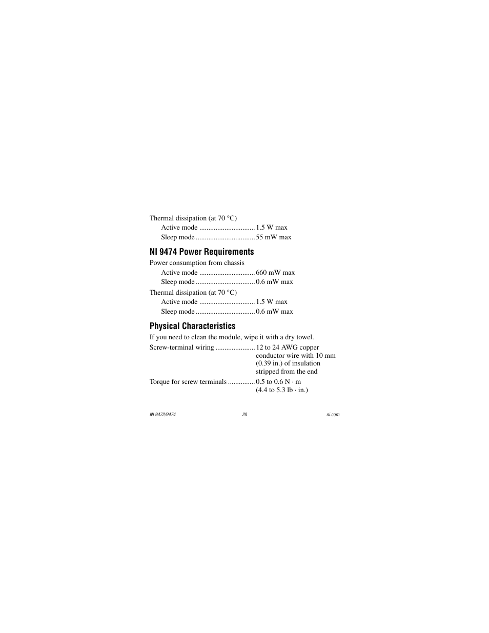 Ni 9474 power requirements, Physical characteristics | National Instruments NI 9472 User Manual | Page 20 / 31