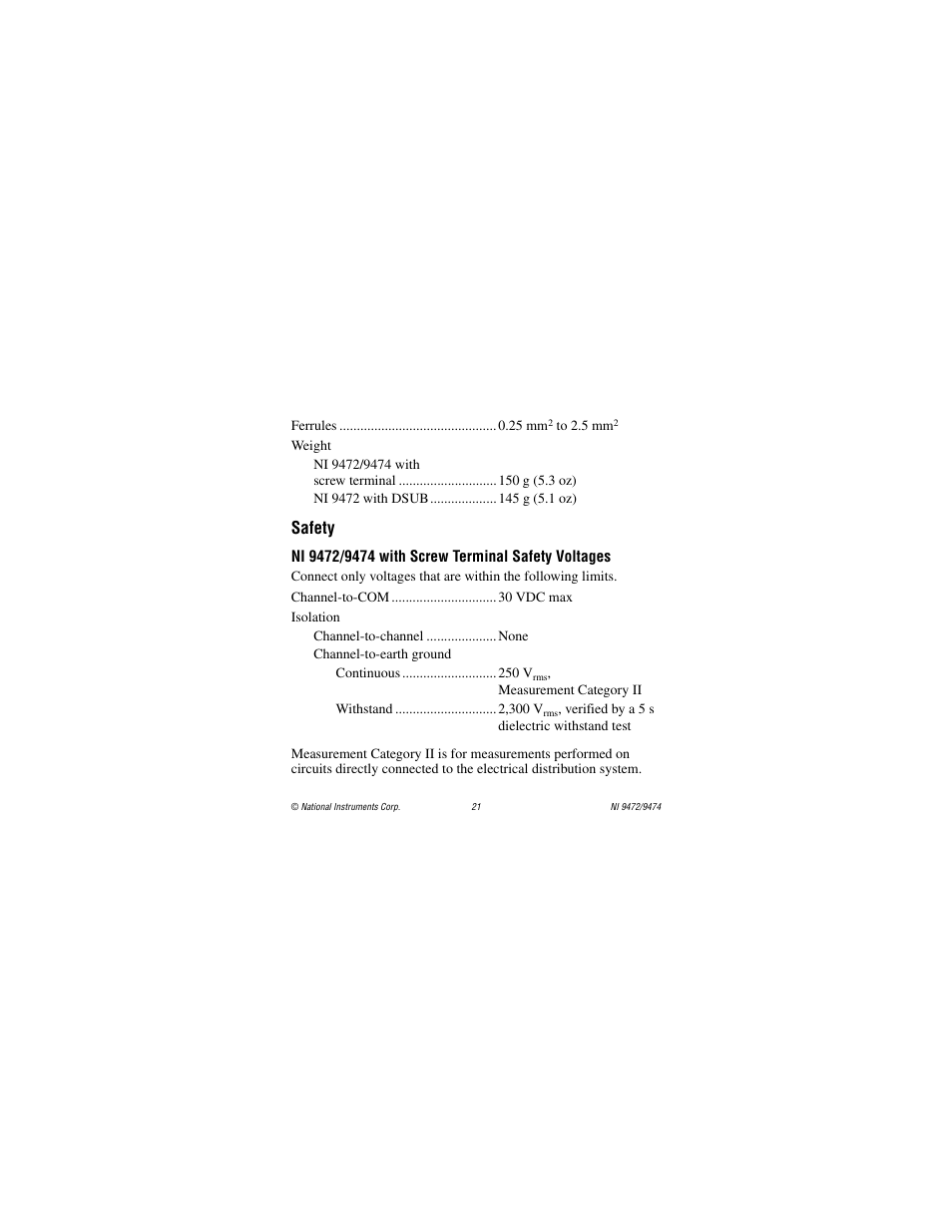 Safety, Ni 9472/9474 with screw terminal safety voltages | National Instruments NI 9472 User Manual | Page 21 / 31