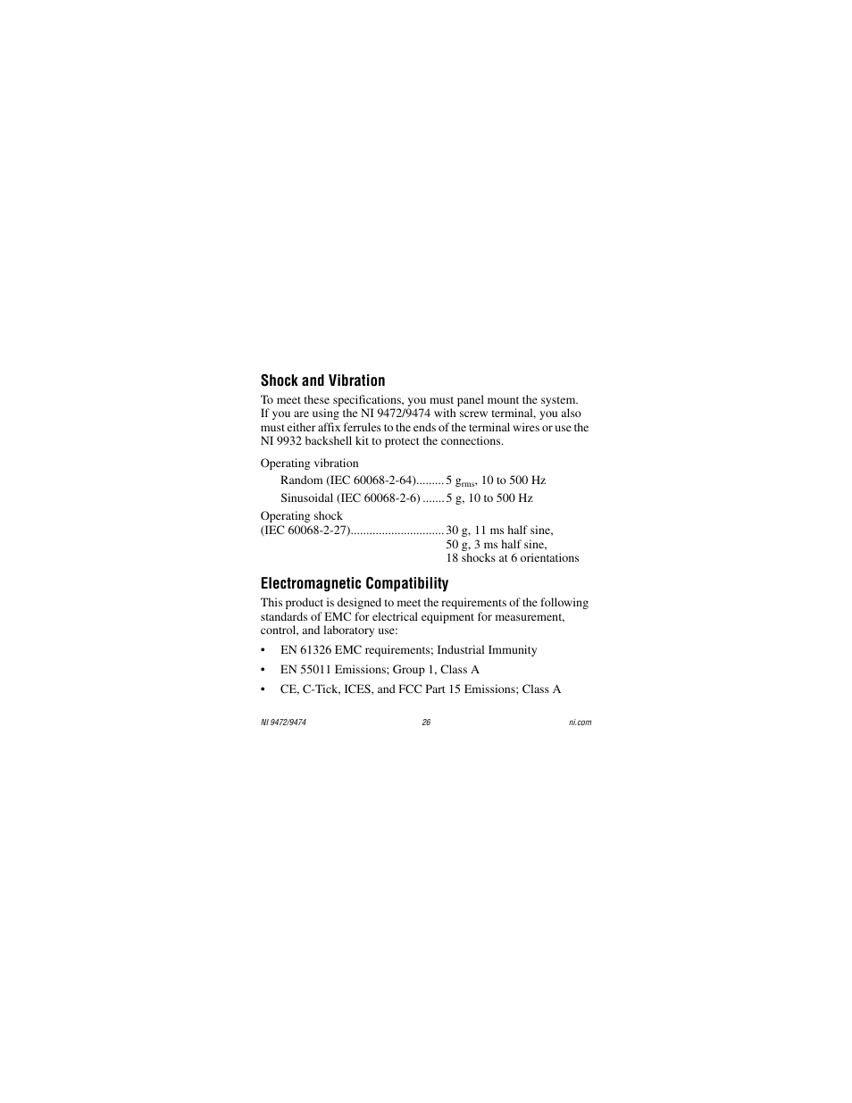 Shock and vibration, Electromagnetic compatibility | National Instruments NI 9472 User Manual | Page 26 / 31