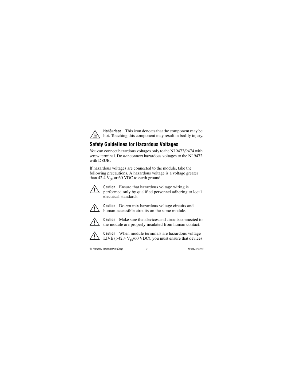 Safety guidelines for hazardous voltages | National Instruments NI 9472 User Manual | Page 3 / 31