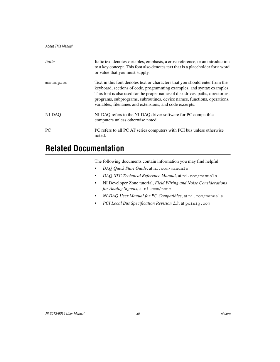 Related documentation | National Instruments NI 6014 User Manual | Page 10 / 109