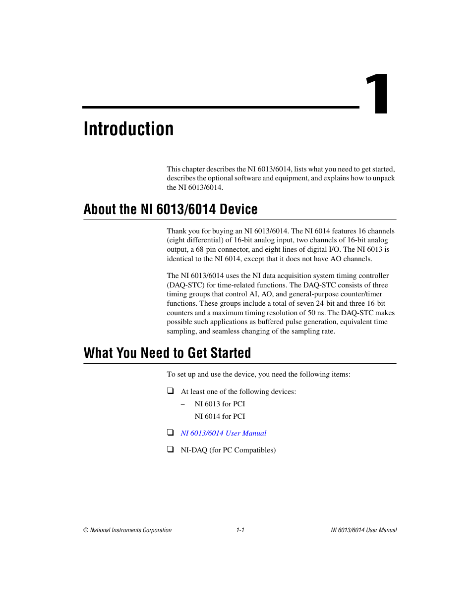 Chapter 1 introduction, About the ni6013/6014 device, What you need to get started | Introduction | National Instruments NI 6014 User Manual | Page 11 / 109