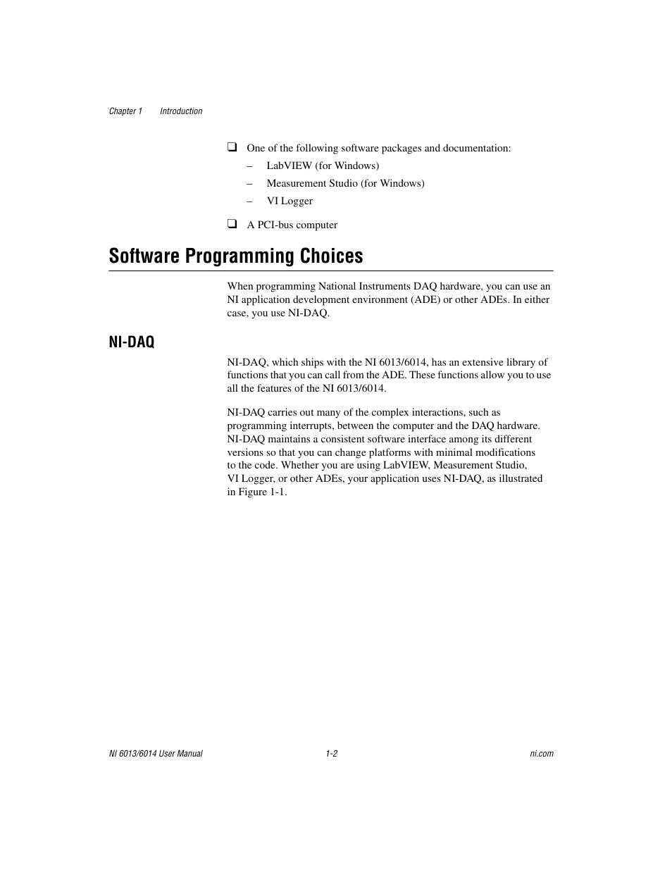 Software programming choices, Ni-daq, Software programming choices -2 | Ni-daq -2 | National Instruments NI 6014 User Manual | Page 12 / 109