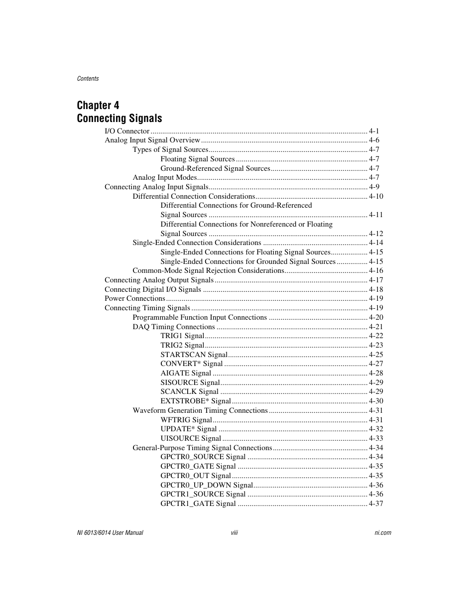 Chapter 4 connecting signals | National Instruments NI 6014 User Manual | Page 7 / 109