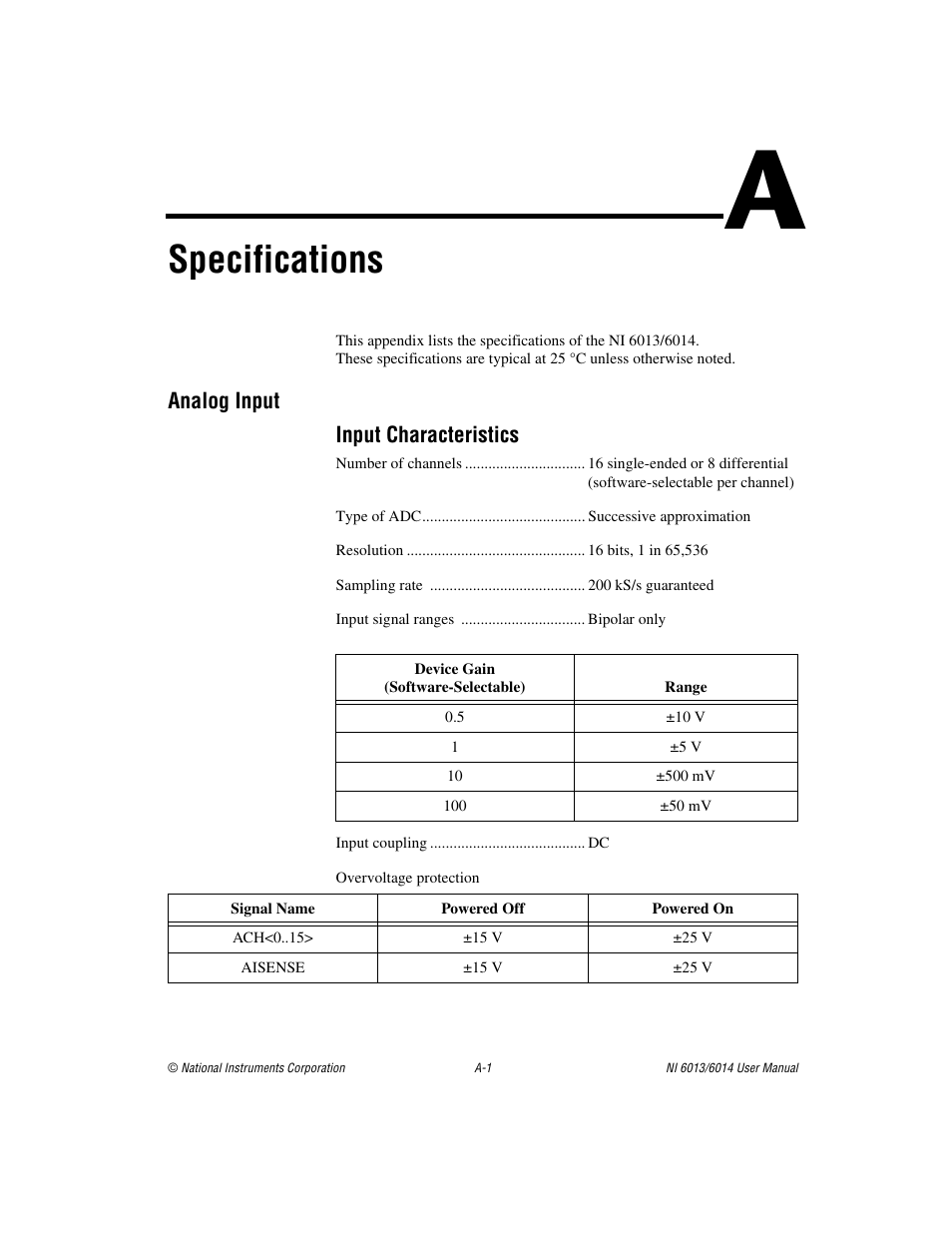 Appendix a specifications, Specifications | National Instruments NI 6014 User Manual | Page 70 / 109