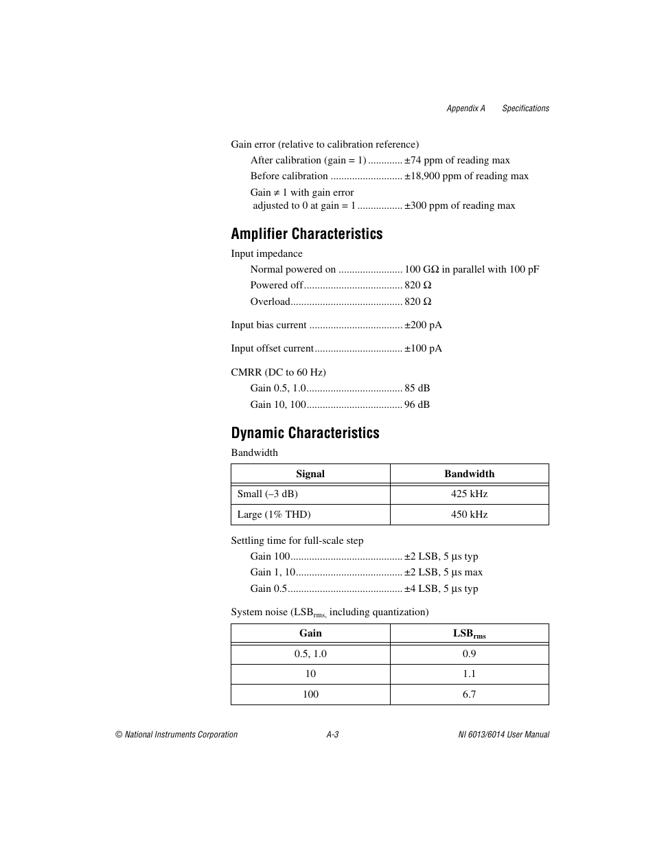 Amplifier characteristics, Dynamic characteristics | National Instruments NI 6014 User Manual | Page 72 / 109