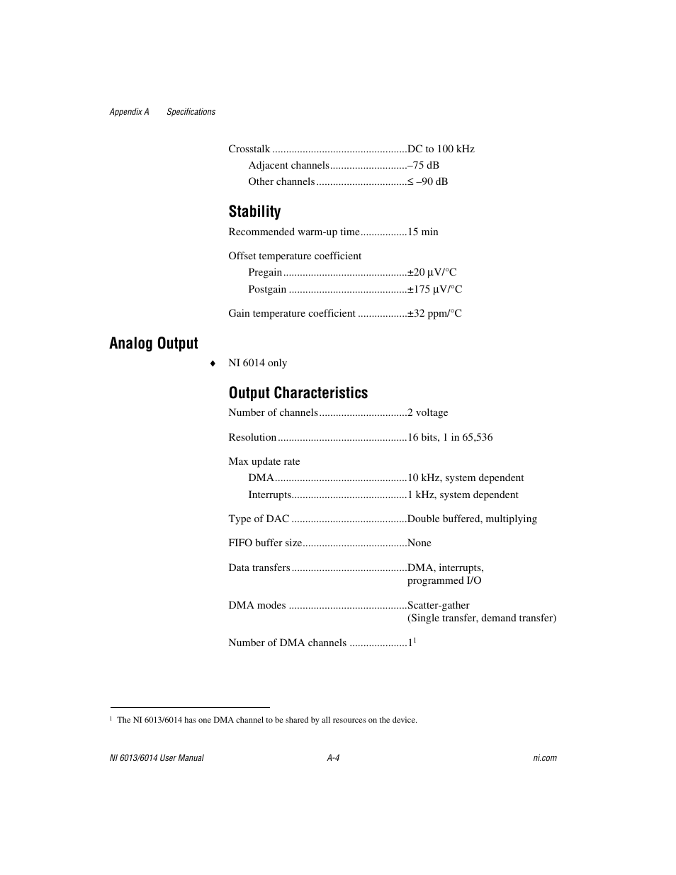 Stability, Analog output, Output characteristics | National Instruments NI 6014 User Manual | Page 73 / 109