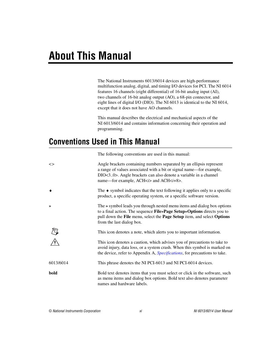 About this manual, Conventions used in this manual | National Instruments NI 6014 User Manual | Page 9 / 109
