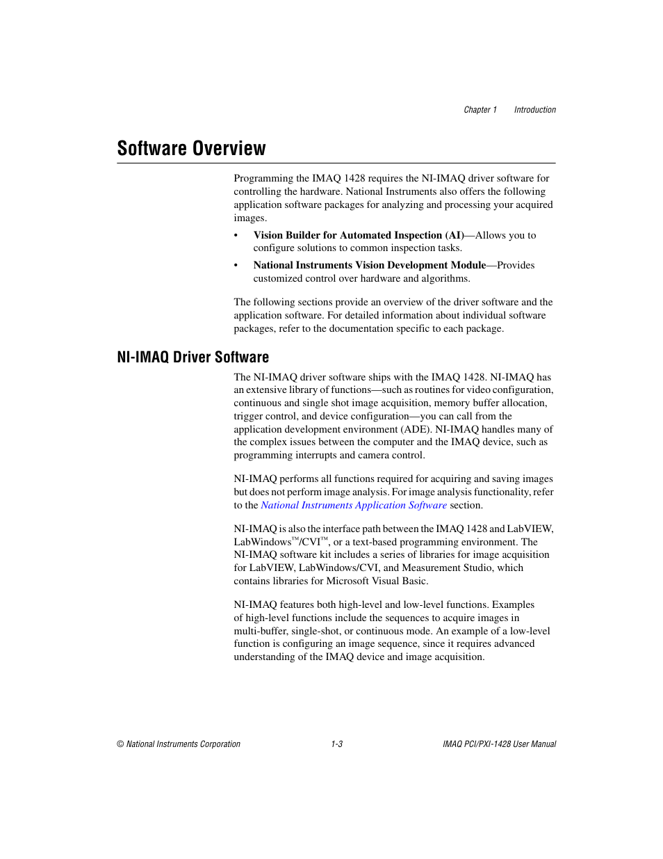 Software overview, Ni-imaq driver software, Software overview -3 | Ni-imaq driver software -3 | National Instruments PXI-1428 User Manual | Page 10 / 46