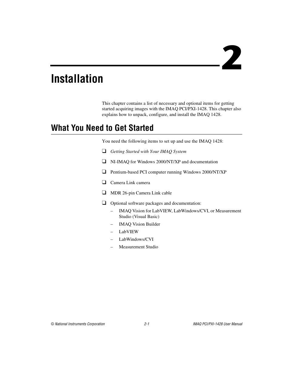 Chapter 2 installation, What you need to get started, What you need to get started -1 | Installation | National Instruments PXI-1428 User Manual | Page 13 / 46