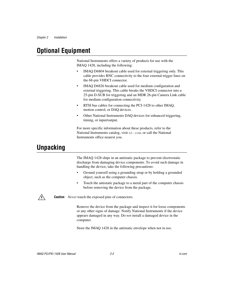 Optional equipment, Unpacking, Optional equipment -2 unpacking -2 | National Instruments PXI-1428 User Manual | Page 14 / 46