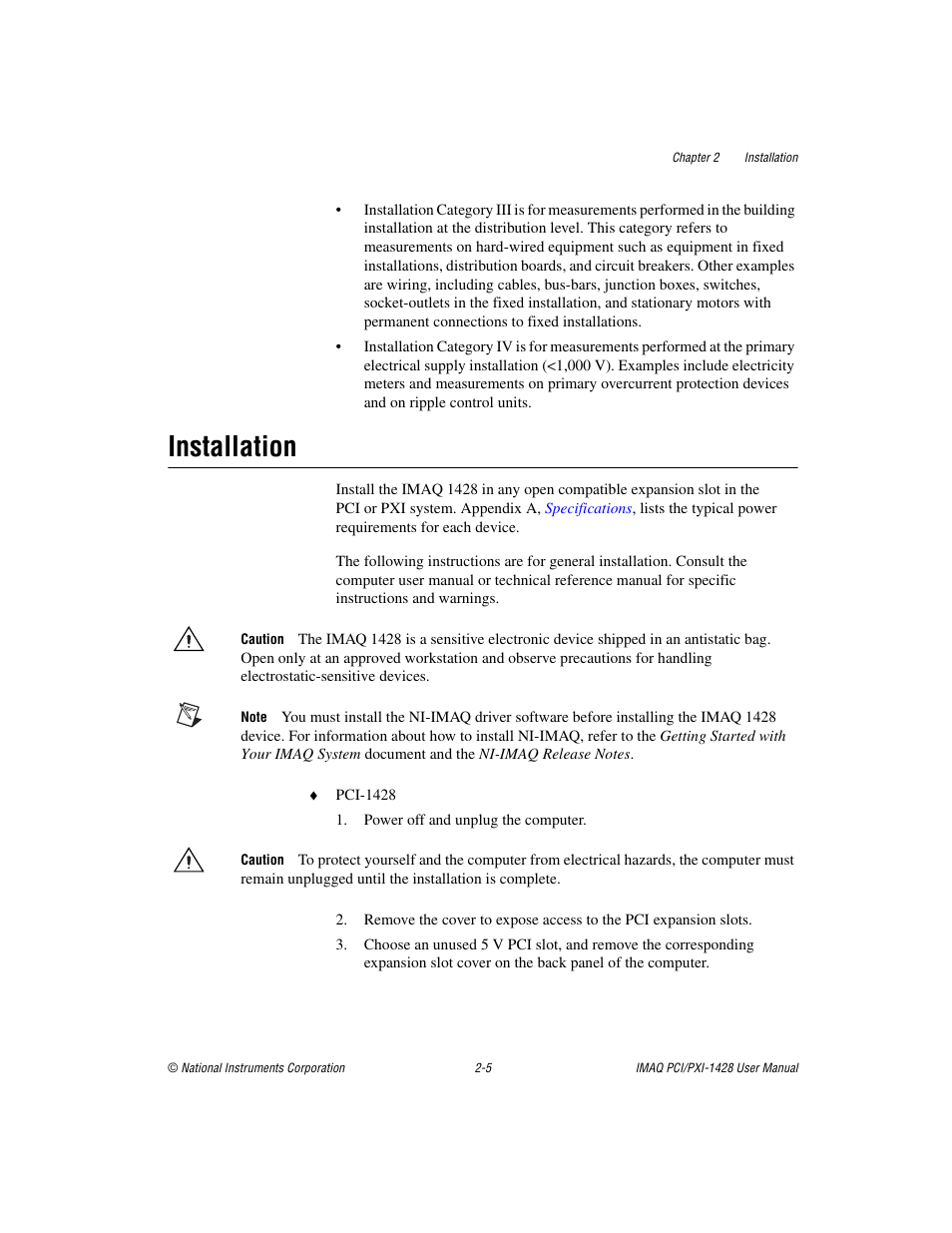 Installation, Installation -5 | National Instruments PXI-1428 User Manual | Page 17 / 46