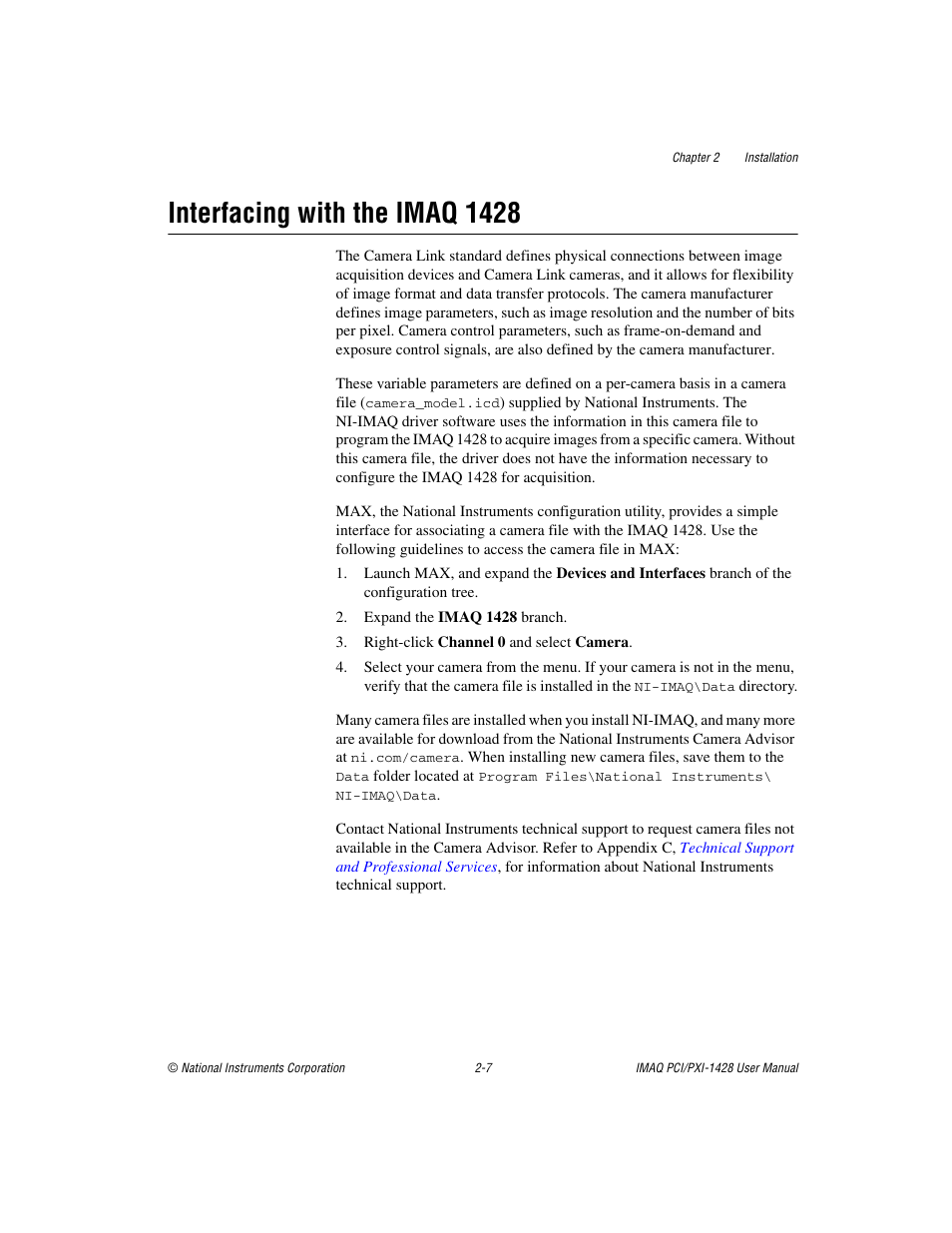 Interfacing with the imaq 1428, Interfacing with the imaq 1428 -7 | National Instruments PXI-1428 User Manual | Page 19 / 46