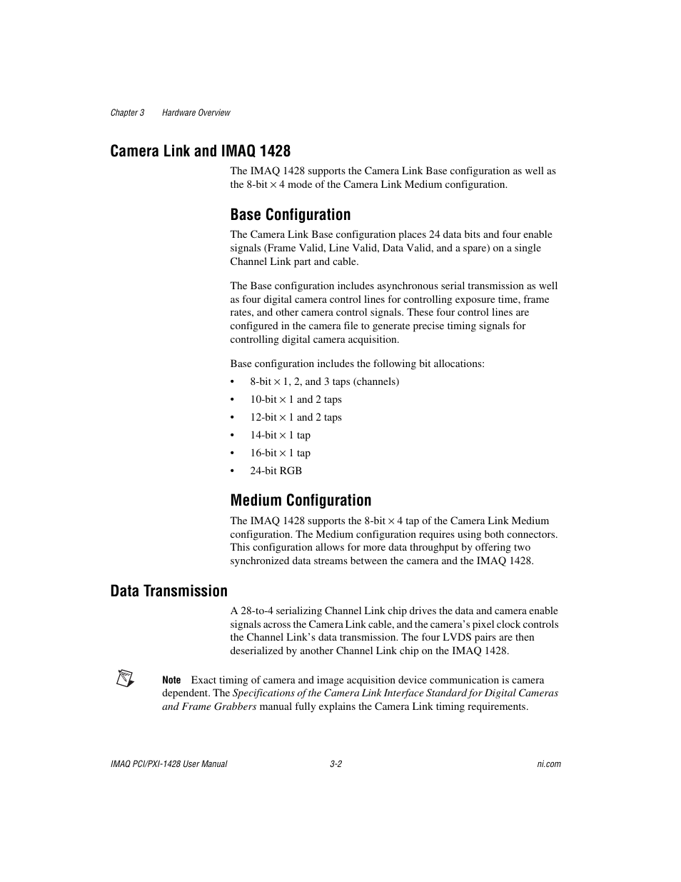 Camera link and imaq 1428, Base configuration, Medium configuration | Data transmission, Camera link and imaq 1428 -2, Base configuration -2 medium configuration -2, Data transmission -2 | National Instruments PXI-1428 User Manual | Page 21 / 46
