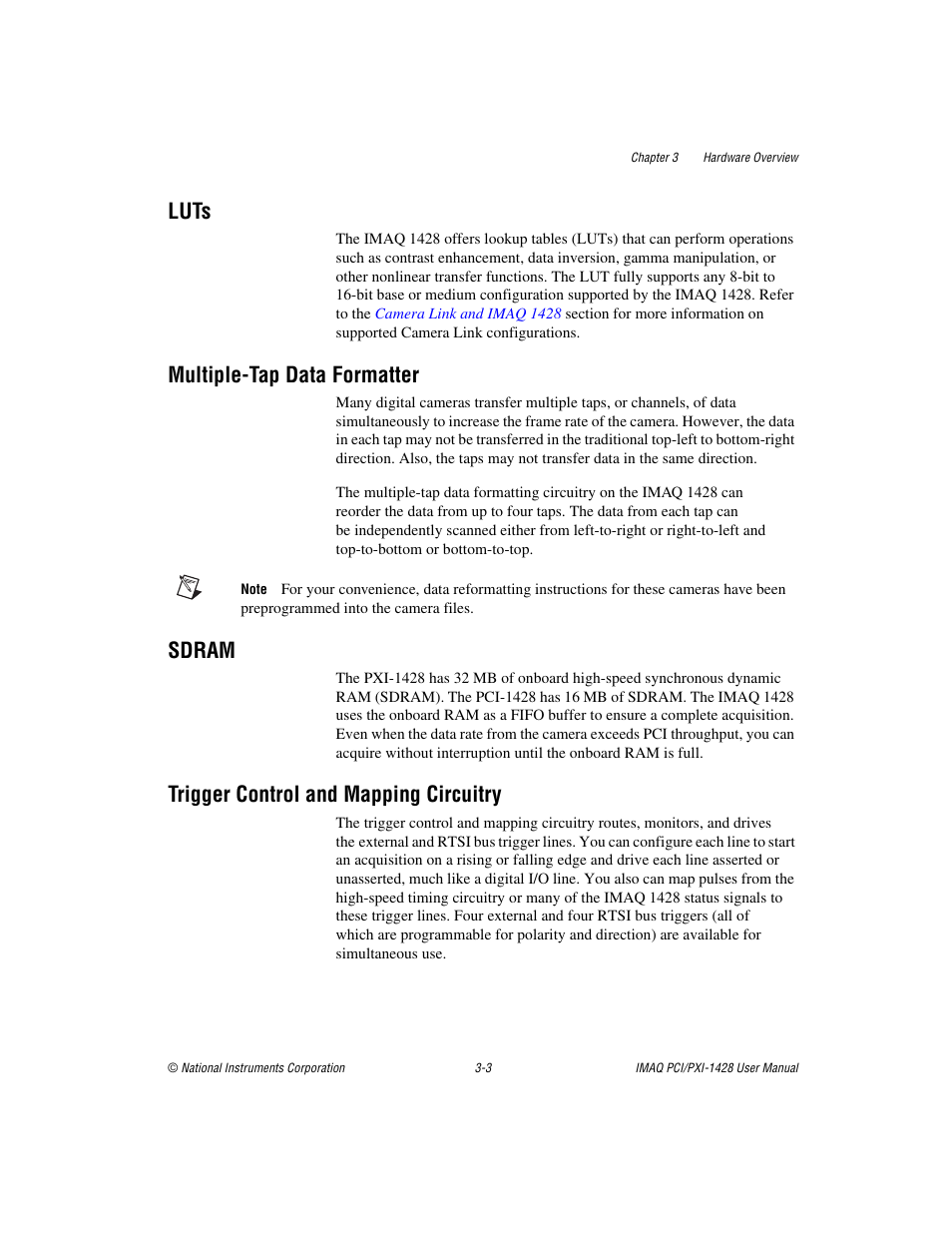 Luts, Multiple-tap data formatter, Sdram | Trigger control and mapping circuitry | National Instruments PXI-1428 User Manual | Page 22 / 46
