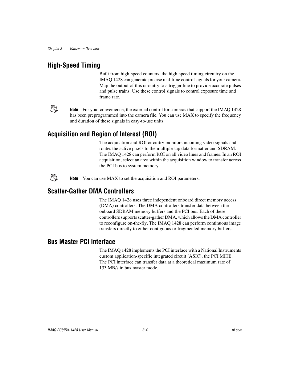 High-speed timing, Acquisition and region of interest (roi), Scatter-gather dma controllers | Bus master pci interface | National Instruments PXI-1428 User Manual | Page 23 / 46