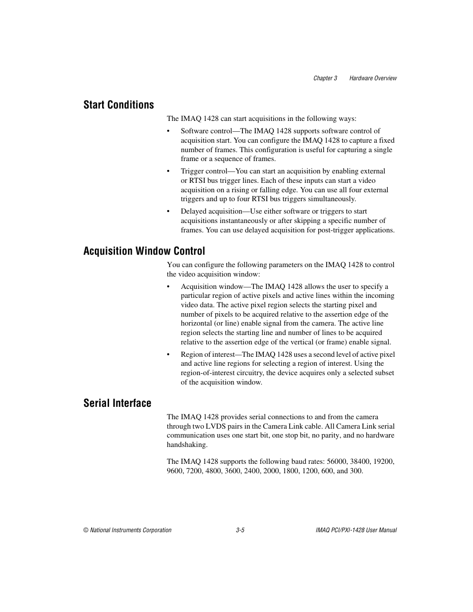 Start conditions, Acquisition window control, Serial interface | National Instruments PXI-1428 User Manual | Page 24 / 46