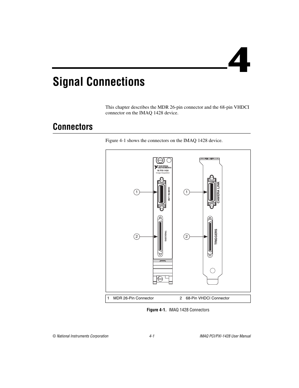 Chapter 4 signal connections, Connectors, Figure 4-1. imaq 1428 connectors | Connectors -1, Signal connections | National Instruments PXI-1428 User Manual | Page 26 / 46