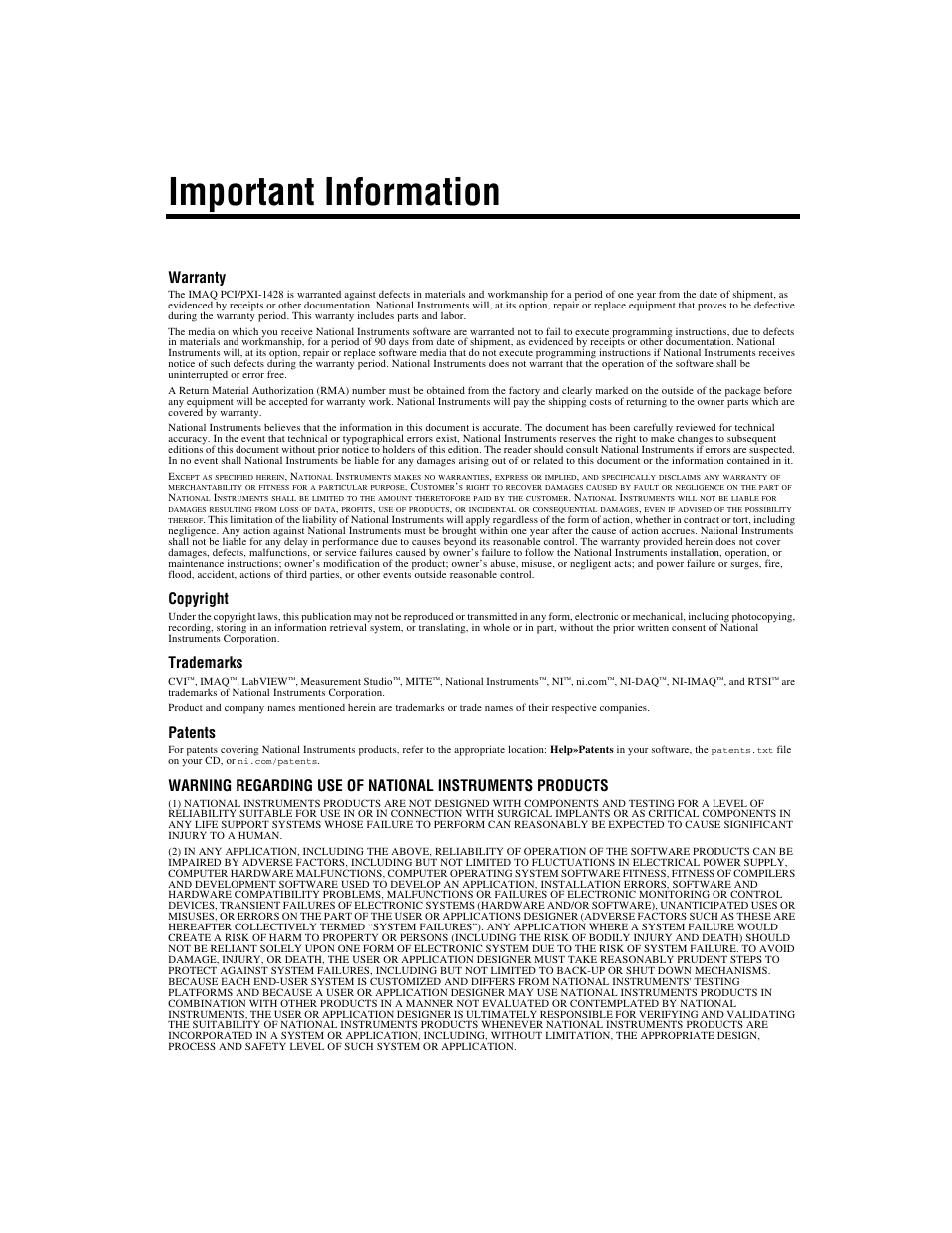 Important information, Warranty, Copyright | Trademarks, Patents | National Instruments PXI-1428 User Manual | Page 3 / 46