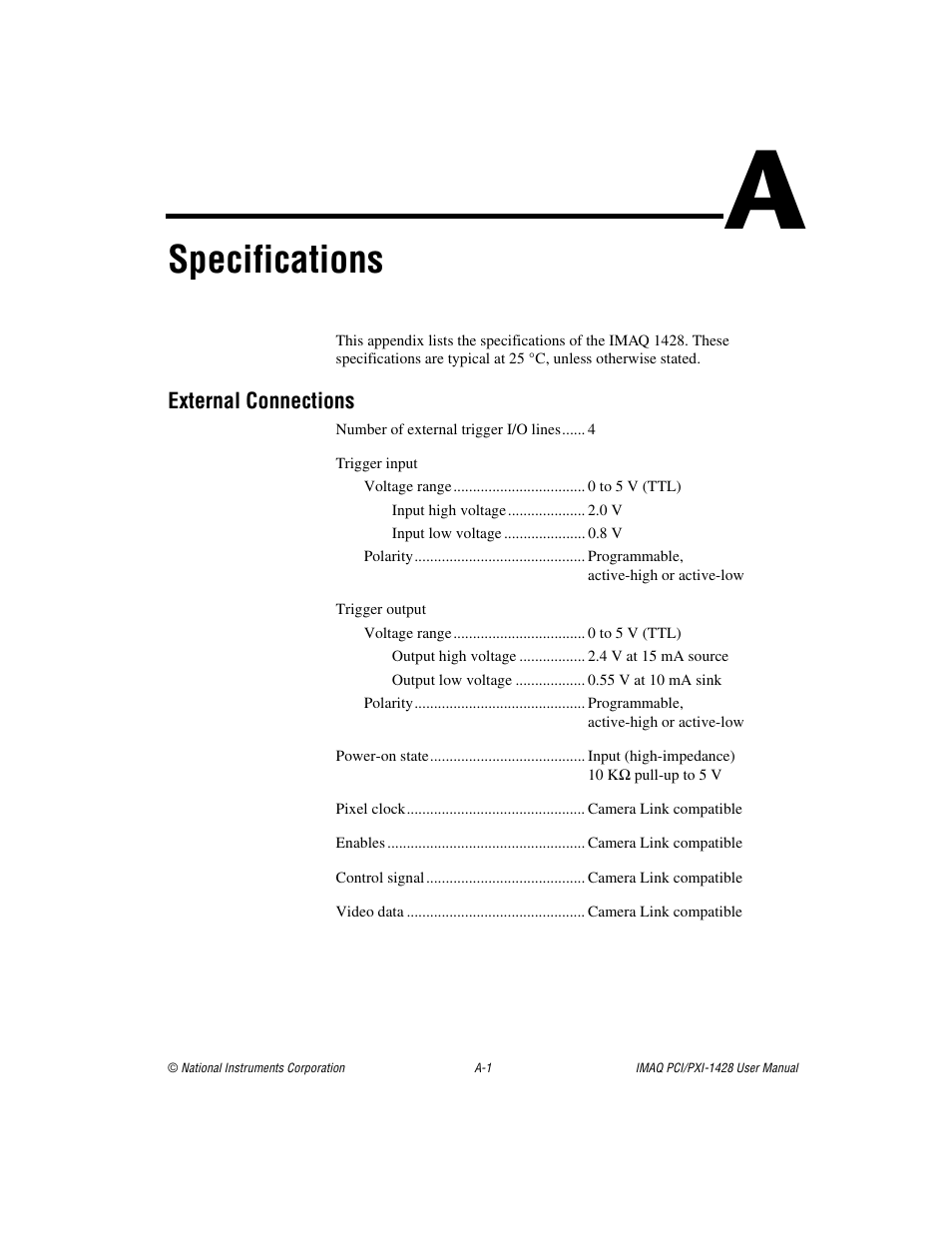 Appendix a specifications, Specifications | National Instruments PXI-1428 User Manual | Page 30 / 46