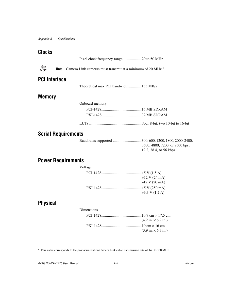 Clocks, Pci interface, Serial requirements | Power requirements, Physical | National Instruments PXI-1428 User Manual | Page 31 / 46