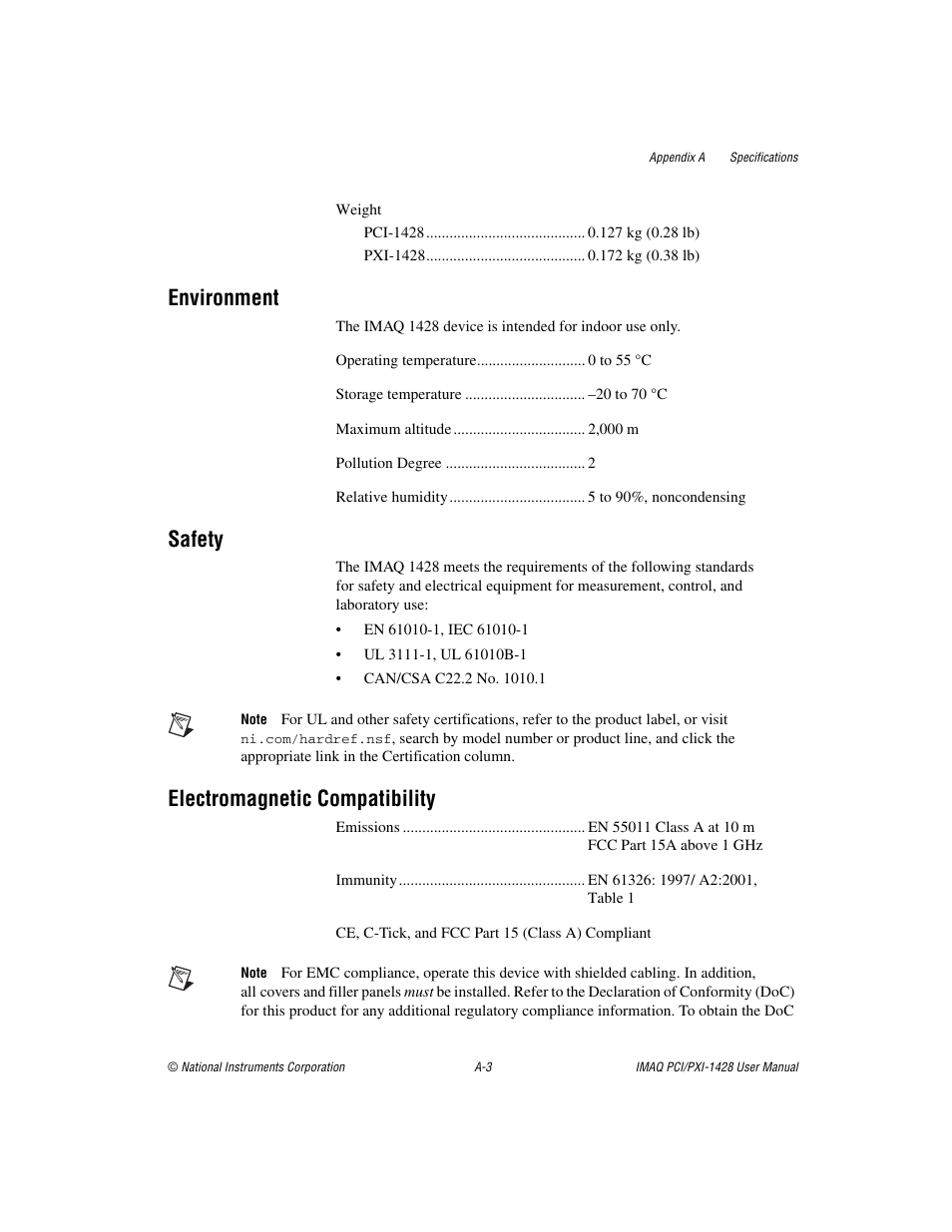 Environment, Safety, Electromagnetic compatibility | National Instruments PXI-1428 User Manual | Page 32 / 46