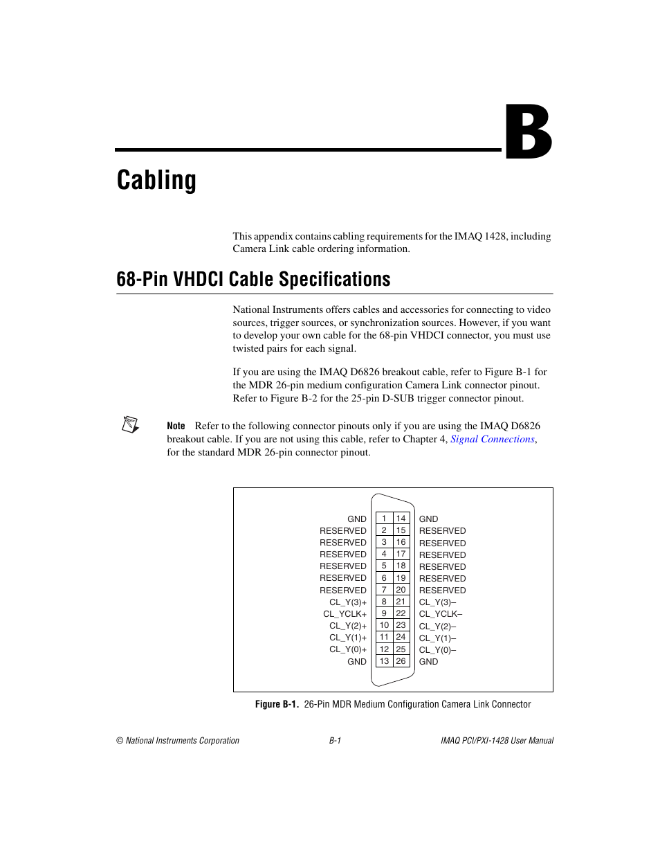 Appendix b cabling, Ix b, Cabling | Pin vhdci cable specifications, Sectio | National Instruments PXI-1428 User Manual | Page 34 / 46