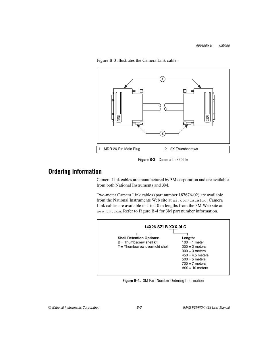 Figure b-3. camera link cable, Figure b-4. 3m part number ordering information, Ordering information | National Instruments PXI-1428 User Manual | Page 36 / 46