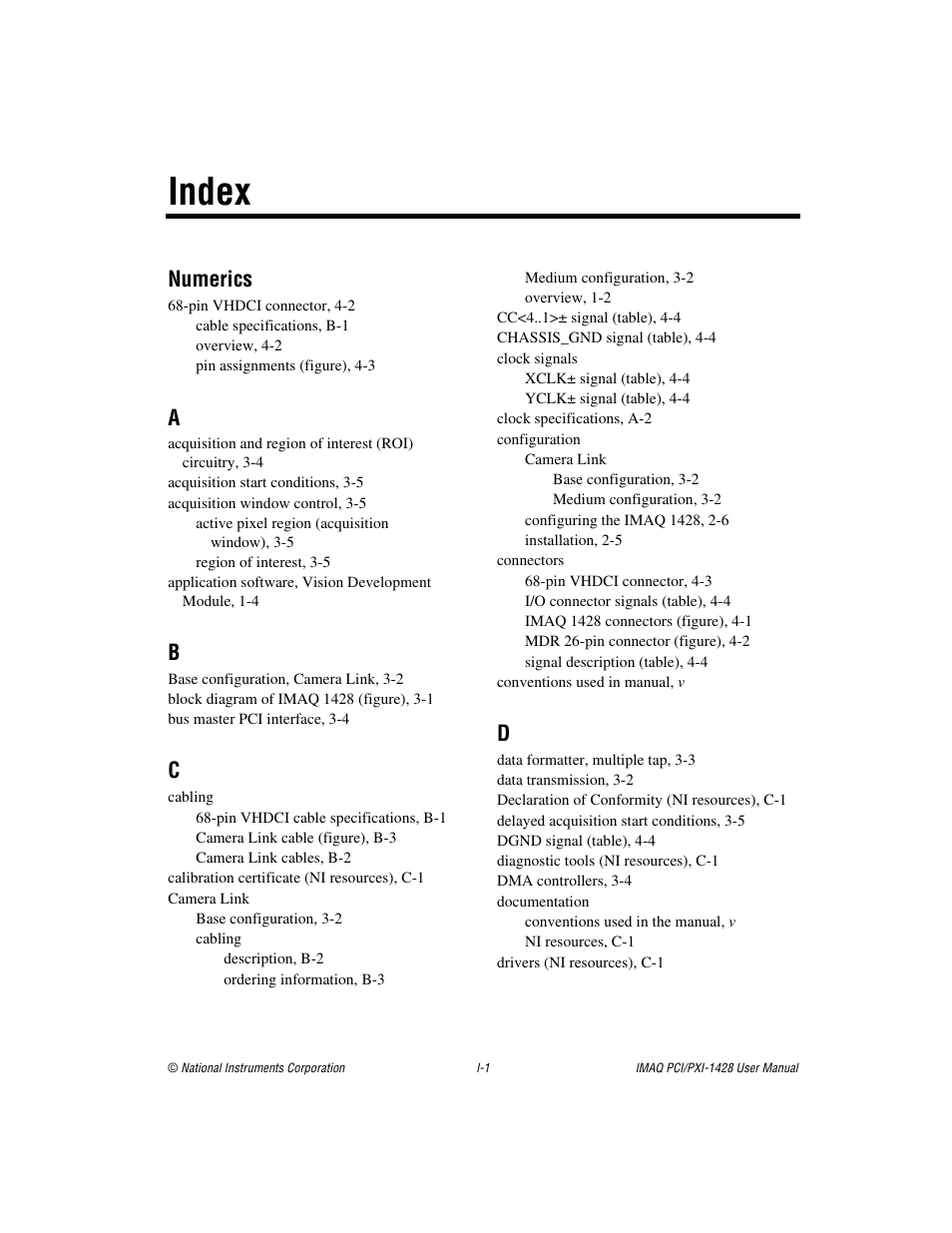 Index, Numerics | National Instruments PXI-1428 User Manual | Page 43 / 46